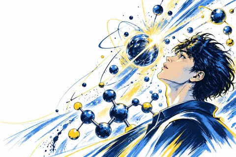 Blue and yellow comic illustration of a curious student exploring science